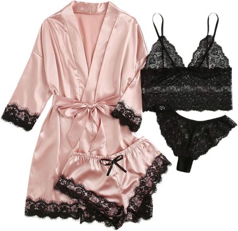 SOLY HUX Women's Satin Pajama Set 4pcs Floral Lace Trim Cami Lingerie Sleepwear with Robe Pink X-Large at Amazon Women’s Clothing store