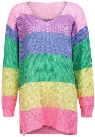 Susupeng Women V Neck Long Sleeve Loose Fitting Oversized Rainbow Block Thin Sweaters Knitting Pullover Tops at Amazon Women’s Clothing store