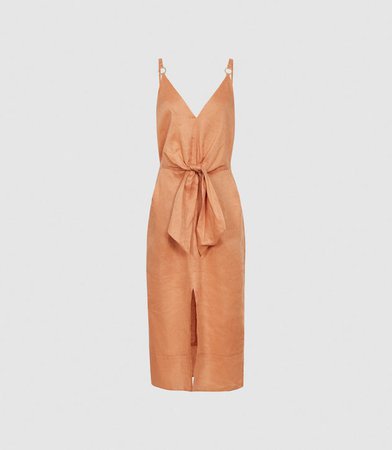 Kay Coral Linen Midi Dress With Tie Detail – REISS