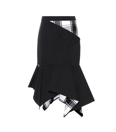 Asymmetric plaid-paneled skirt