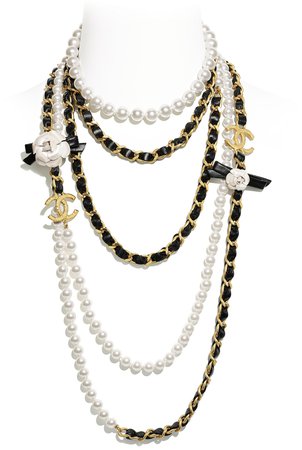 Long necklace, metal, crystal pearls and calfskin, gold, mother of pearl white and black - CHANEL