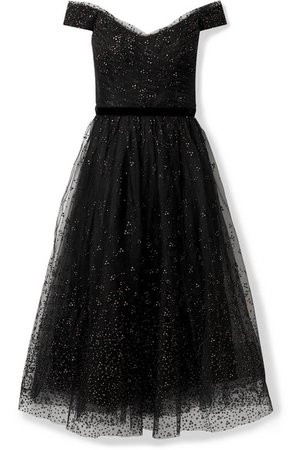 Marchesa Notte | Off-the-shoulder ruched glittered tulle gown | NET-A-PORTER.COM