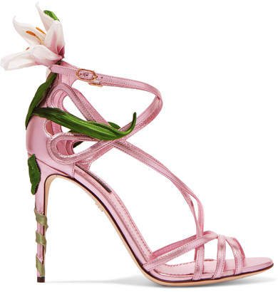 Floral-appliquéd Metallic Leather Sandals - Pink