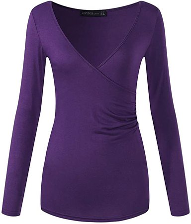 ZANZEA Womens Sexy Deep V Neck Top Front Wrap Long Sleeve Low Cut Ruched T Shirt Blouse at Amazon Women’s Clothing store