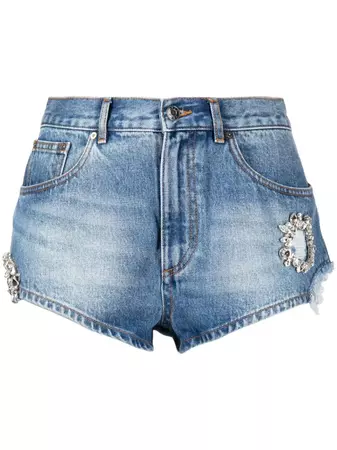 AREA crystal-embellished Denim Mini Shorts - Farfetch