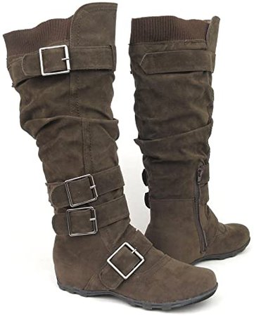 Amazon.com: Womens Knee High Faux Suede Flat Winter Buckle Boots Dark Brown, 6.5: Shoes