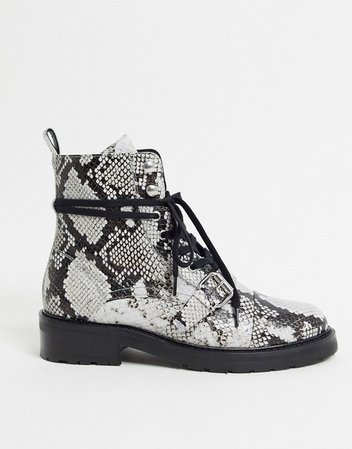 AllSaints donita snake print leather hiking boots in black | ASOS