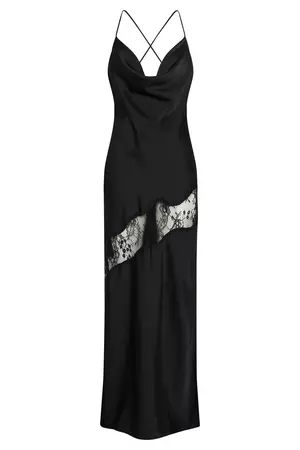 Chandra Lace Detail Satin Maxi Dress - Black - MESHKI