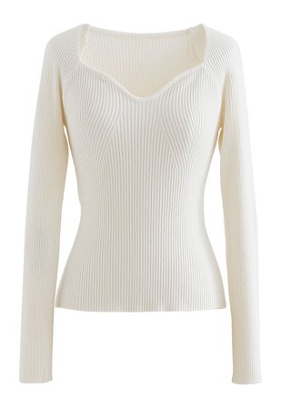 Square Neck Long Sleeves Fitted Knit Top in White - Retro, Indie and Unique Fashion