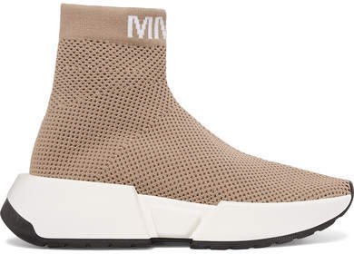 Logo-jacquard Ribbed Stretch-mesh Sneakers - Beige