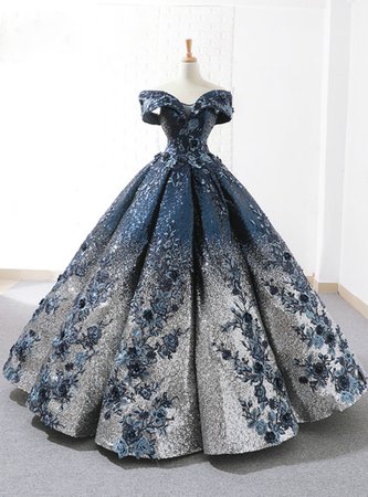 Blue Ball Gown Sequins Off The Shoulder Appliques Floor Length Wedding Dress