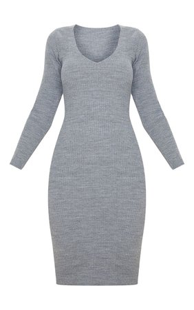 Grey V Neck Knitted Midi Dress | Knitwear | PrettyLittleThing