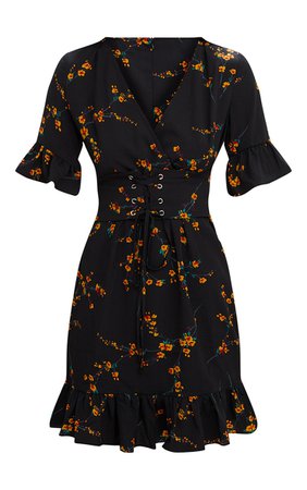 Black Floral Corset Swing Dress | Dresses | PrettyLittleThing