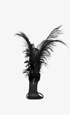 Saint Laurent Iris 105 Sandal In Black Leather And Black Ostrich Feathers
