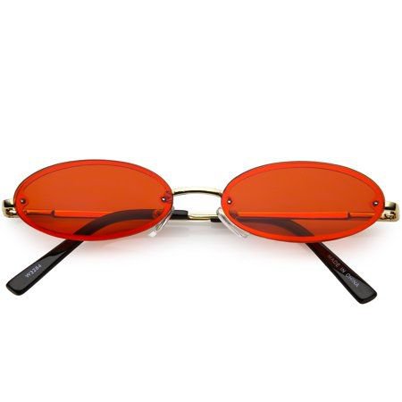 *clipped by @luci-her* Retro Small Rimless Oval Sunglasses Slim Arms Color Tinted Lens 54mm (Red)