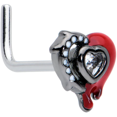 silver red dripping heart nose stud