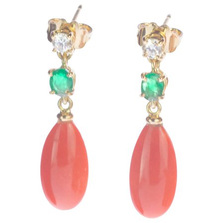 Intini Jewels 18 Karat Gold Pink Coral Diamonds Emeralds Dangle Tear Earrings For Sale at 1stDibs