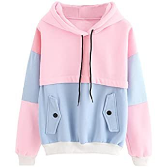 SweatyRocks Women’s Winter Color Block Long Sleeve Fleece Hoodie Sweatshirt with Pockets Pink Blue L at Amazon Women’s Clothing store