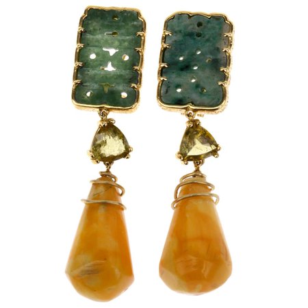 Amber Antique Jade 18 Karat Gold Tourmaline Earrings For Sale at 1stDibs