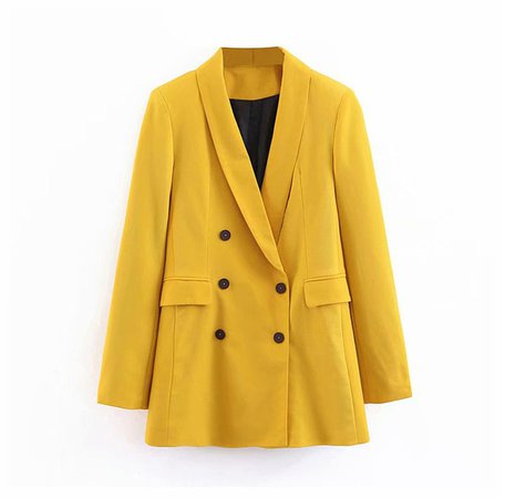 Women Elegant Notched Collar Yellow Blazers Pockets Double Breasted Outerwear Office Lady Work Wear Chic Tops|Blazers| - AliExpress