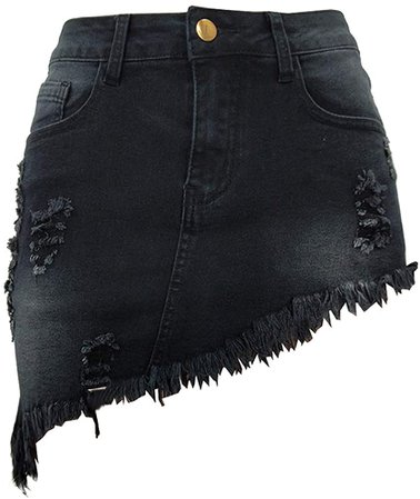 chouyatou Women's Stretch Fit 5-Pocket Irregular Frayed Hem Mini Denim Jean Skirt (X-Small, Black) at Amazon Women’s Clothing store