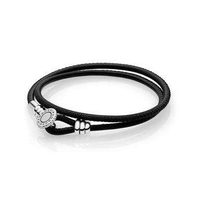 Moments Double Leather Bracelet, Black, Sterling silver, Leather,