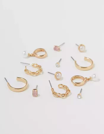 AEO Pearl Stud + Hoop Earrings 6-Pack gold