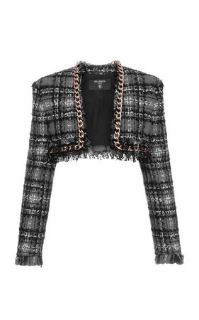 Balmain Chainlink-Trimmed Tweed Cropped Jacket