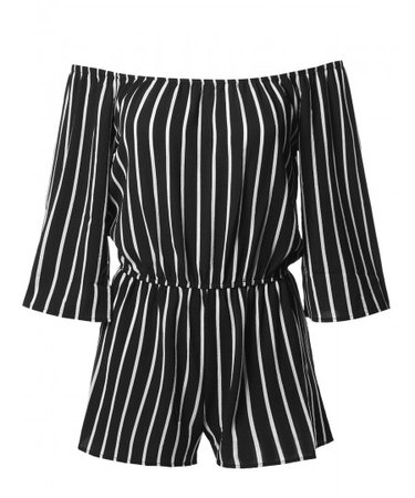 Women's Pinstripe Print Off-Shoulder Romper Jumpsuit - FashionOutfit.com