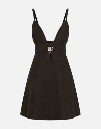 Women's Dresses in Black | Short ornamental jacquard dress with crystal DG embellishment | Dolce&Gabbana