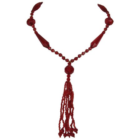 1920's Flapper Glass Red sautoir Necklace Art Deco For Sale at 1stdibs
