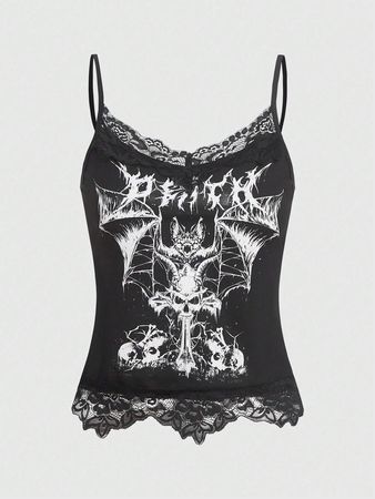 ROMWE Goth Skull Print Contrast Lace Cami Top | SHEIN USA