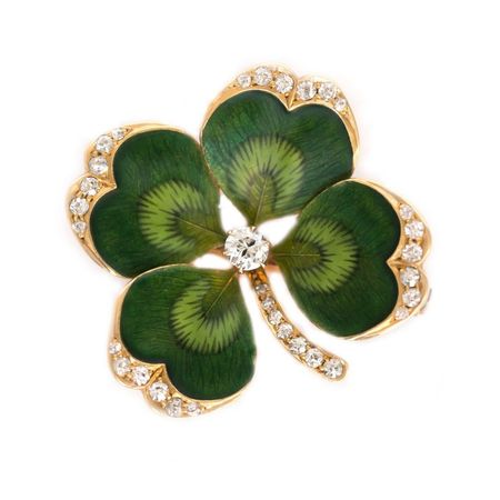 1910 Edwardian 4 Leaf Clover Brooch with Diamonds, Yellow Gold, Enamel For Sale at 1stdibs