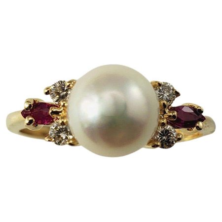 Vintage 14 Karat Yellow Gold Pearl Ruby and Diamond Ring For Sale at 1stDibs