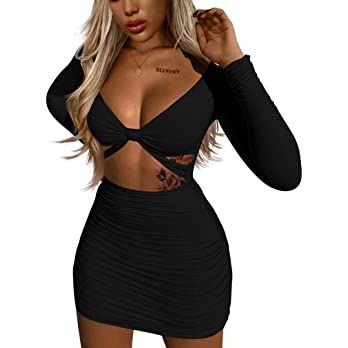 Amazon.com: GOBLES Women's Sexy Long Sleeve V Neck Ruched Bodycon Mini Party Cocktail Dress Black : Clothing, Shoes & Jewelry