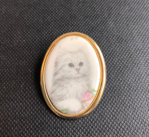 Vintage porcelain cat brooch-cat lover jewelry-grey cat | Etsy