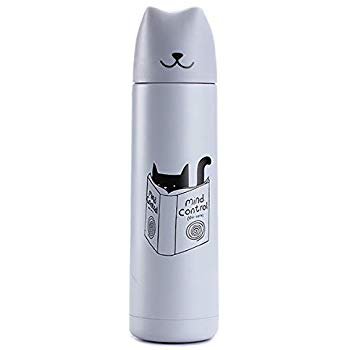 Cat Tumbler Cute Cat Thermos Mug with Pourable Stopper Leak-proof Stainless Steel Double Wall Vacuum Insulated Flask for Kid Women Cat Lovers Gift(Gray): Kitchen & Dining