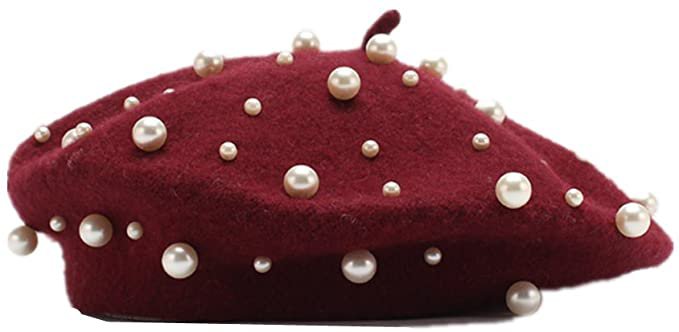 2018 Vintage Pearl Wool Beret Hat Lady Fashion Artist Hat (Wine red) at Amazon Women’s Clothing store