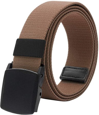 Men's Elastic Stretch Belt, Military Tactical Belts Breathable Canvas Web Belt for Men & Women with No Metal Plastic Buckle for Work Outdoor Sports, Adjustable for Pants Shorts Jeans Below 46" (Brown) at Amazon Men’s Clothing store