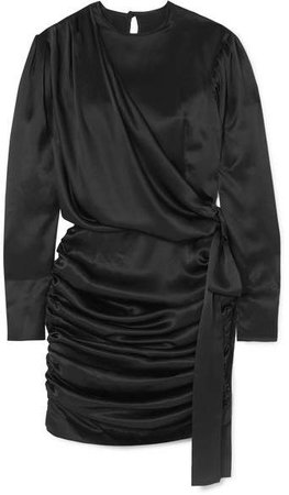 Gathered Silk-satin Mini Dress - Black