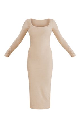 Stone Velour Rib Long Sleeve Midaxi Dress | PrettyLittleThing USA