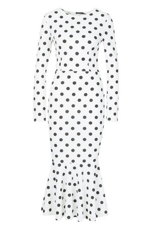 Polka Dot Fishtail Long Sleeved Midaxi Dress | Boohoo