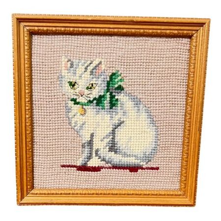 Vintage Mid-Century Needlepoint Cat Kitten Frame Picture White Persian Green Bow | eBay