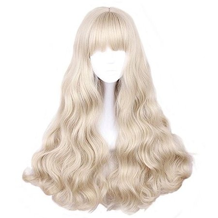 Alice Garden Wigs Long Wavy Curly Wig Bangs - Light Blonde Wigs for Women Natural Looking Synthetic Cosplay Wig with Wig Cap, Great Choice for Cosplay Costume