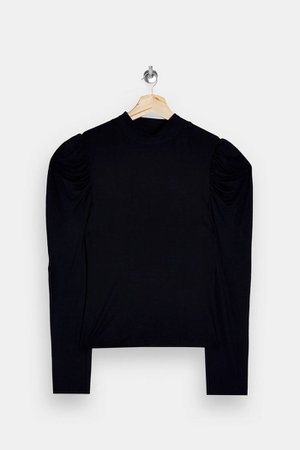 Black Gathered Sleeve Funnel Top | Topshop