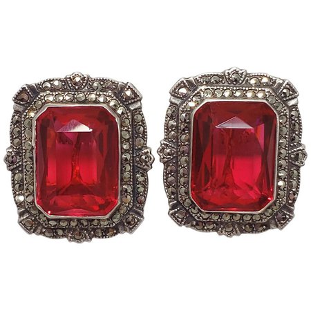 Victorian Ruby-Colored Crystal and Marcasite Clip On Earrings in Sterling Silver For Sale at 1stdibs