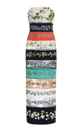 Floral-Embroidered Striped Midi Dress By Oscar De La Renta | Moda Operandi