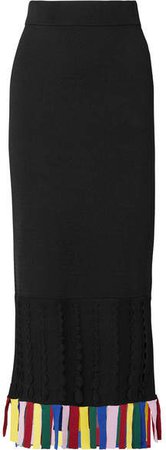 STAUD - Garage Cutout Fringed Stretch-knit Midi Skirt - Black