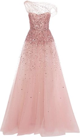 Monique Lhuillier Embroidered Asymmetric Tulle Gown