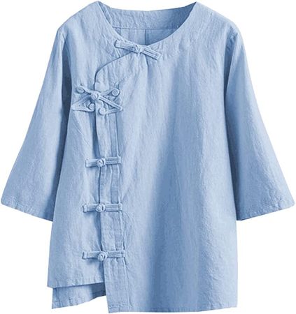 Kedera Women's 3/4 Sleeve Cotton Linen Solid Color Lovely Button Tunic Shirt Pink at Amazon Women’s Clothing store
